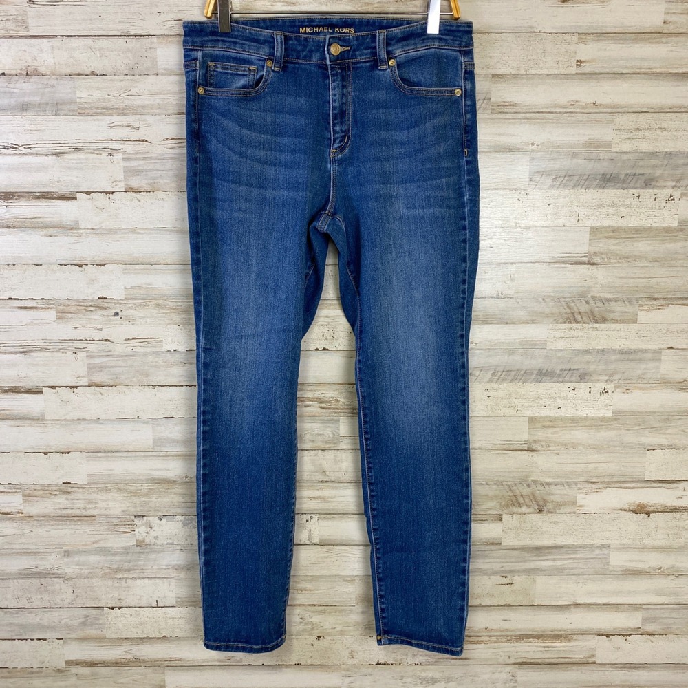 Michael Kors Jeans Women 10 Blue Denim Skinny Med Wash Minimalist Gold Hardware